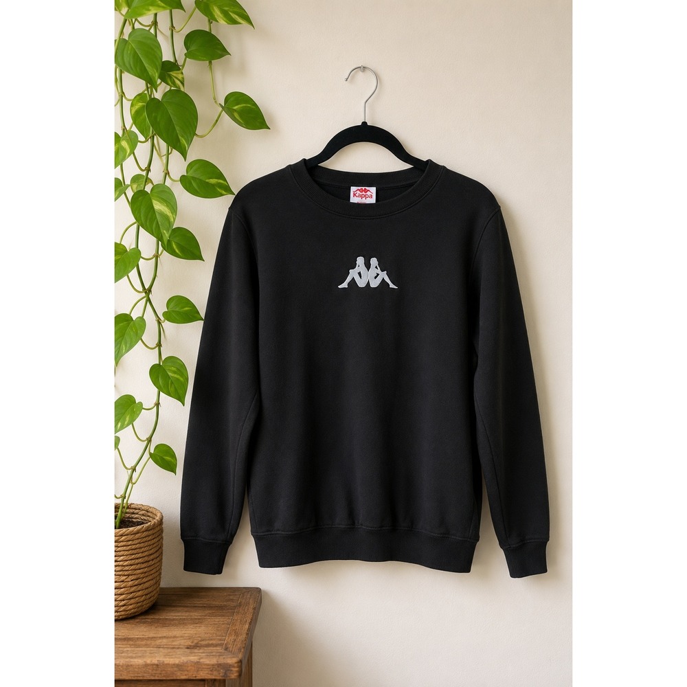 Kappa Black Crewneck Sweatshirt Silver Embroidered Omni Logo Back Graphic Mens M